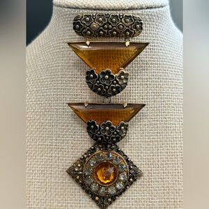 Vintage Art Deco Style Faux Amber Stone & Rhinestone Statement Dangle Brooch